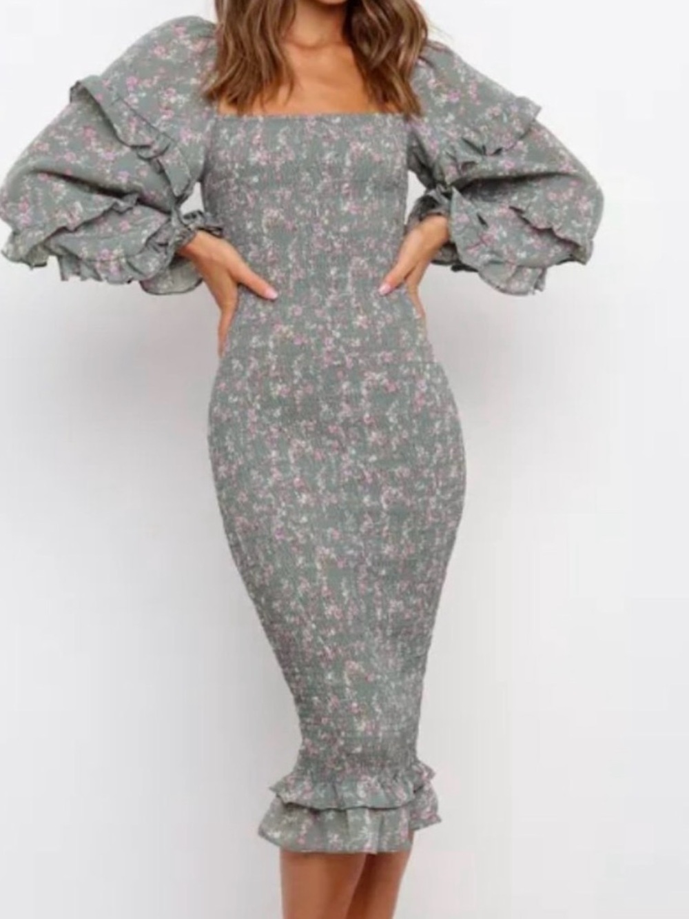 Petal & Pup Sage Green Floral Midi Dress with Puff Sleeves